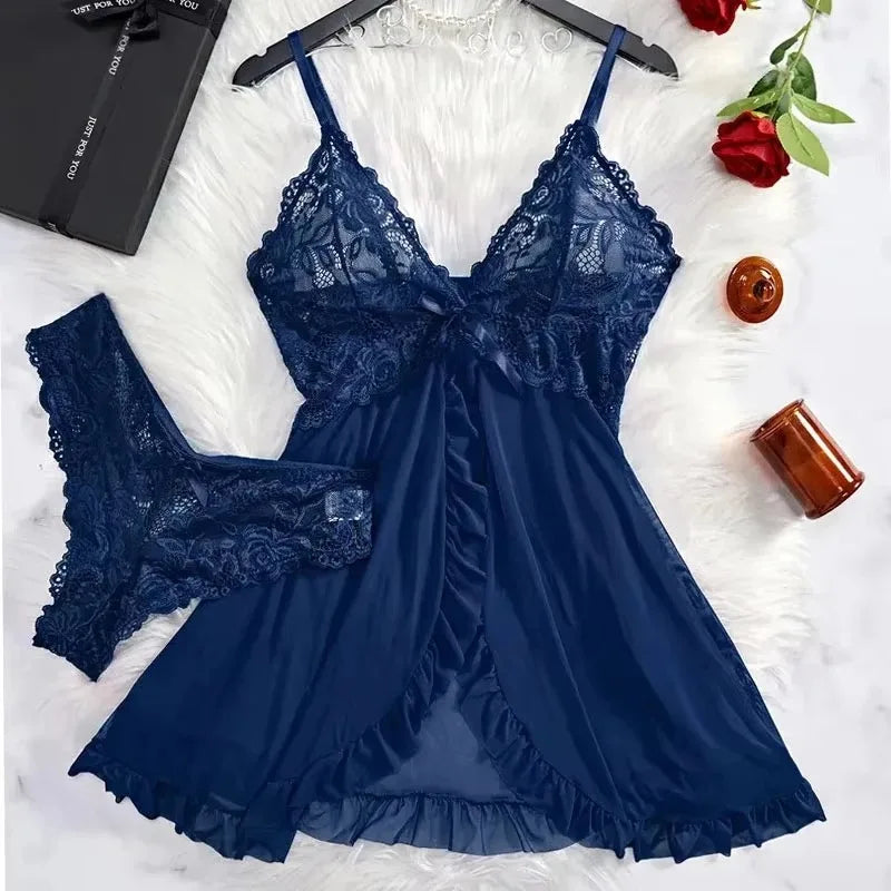 Women Lace Lingerie Set Transparent Babydoll Nightdress with Panty Sexy Lace Sleepwear Nightwear Pajamas Set for Women