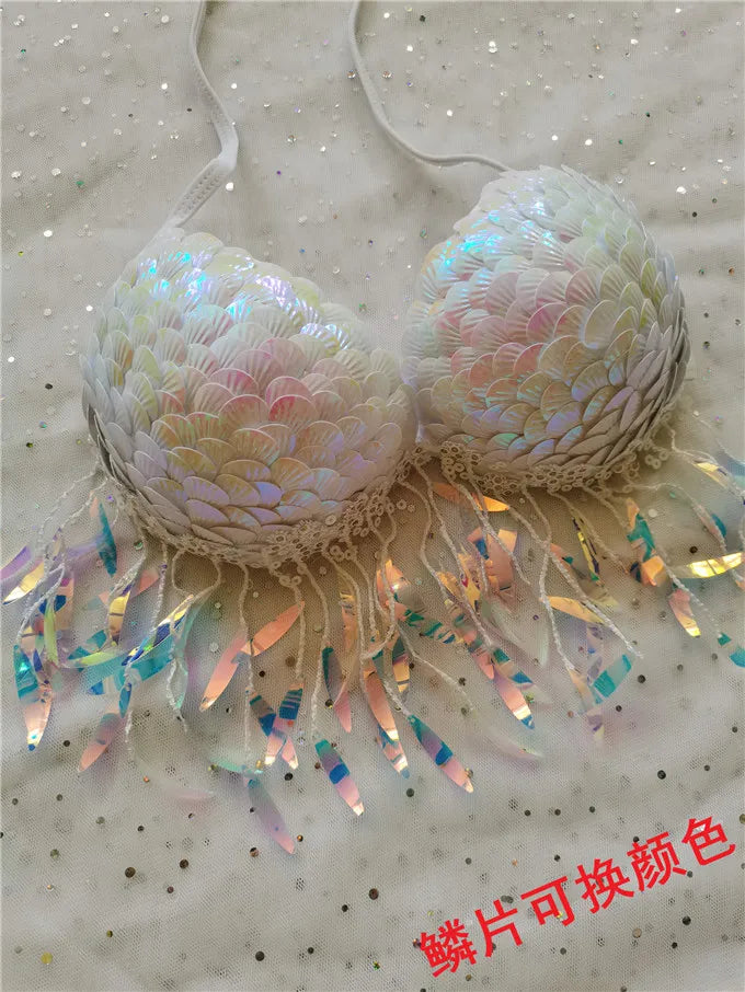 Handmade Mermaid Sequins Seashell Bikini Top Bra Oceanarium Bar Table Performance Costume Fishtail Leather