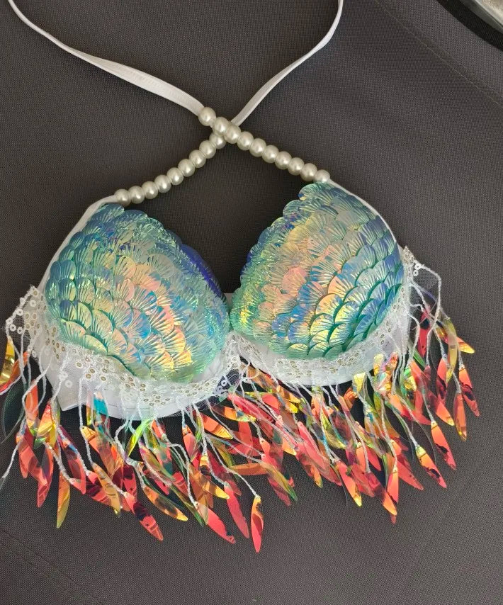Handmade Mermaid Sequins Seashell Bikini Top Bra Oceanarium Bar Table Performance Costume Fishtail Leather