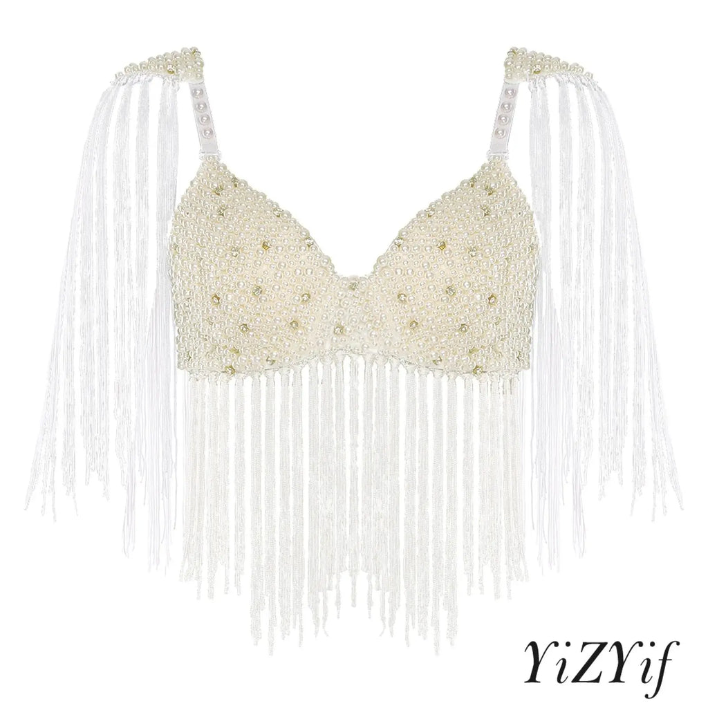 Women Belly Dance Fringe Bra Allover Plastic Beads Tassel Trim Push-up Bra Top with Shoulder Boards for Latin Indian Dance Party