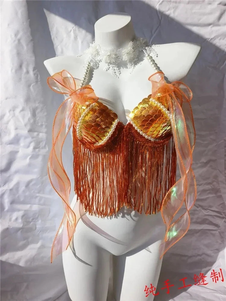 Women Bikini Top Bra Mermaid Sequin Shell Aquarium Bar Lolita Show Outfit Fishtail Leather Halloween Cosplay Costumes