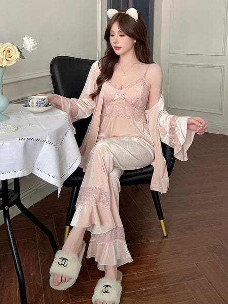 Gold Velvet Pajamas Women's Chest Pad Pure Desire Style Lace Suspenders Three-piece Set