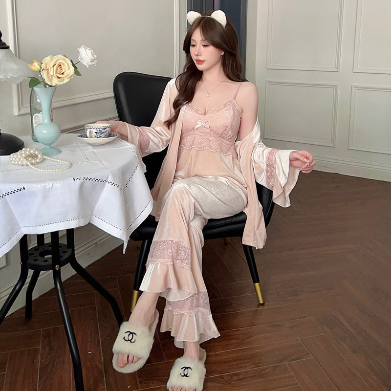 Gold Velvet Pajamas Women's Chest Pad Pure Desire Style Lace Suspenders Three-piece Set