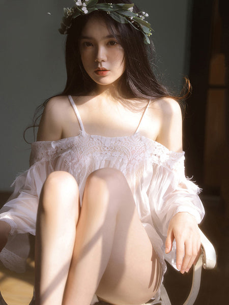 White Eyelashes Lace Stitching Mesh Nightwear Lingerie