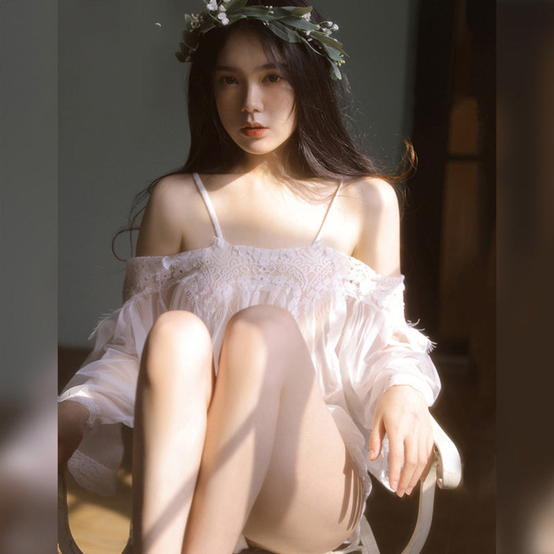 White Eyelashes Lace Stitching Mesh Nightwear Lingerie