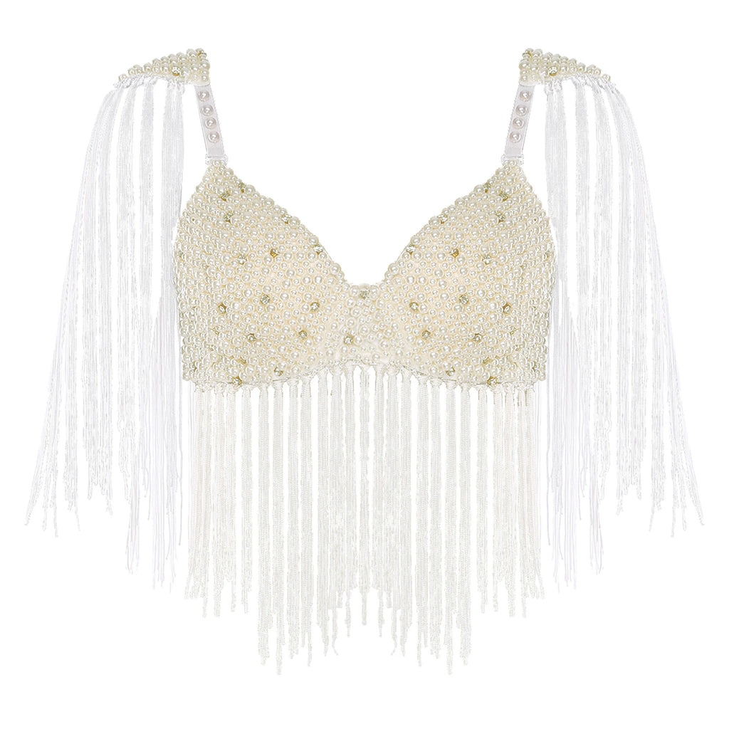 Women Belly Dance Fringe Bra Allover Plastic Beads Tassel Trim Push-up Bra Top with Shoulder Boards for Latin Indian Dance Party