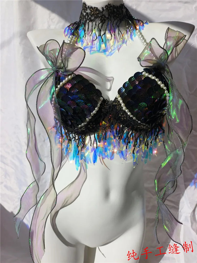 RM Handmade Mermaid Sequin Shell Bikini Top Bra Oceanarium Bar Table Performance Costume Fishtail Leather