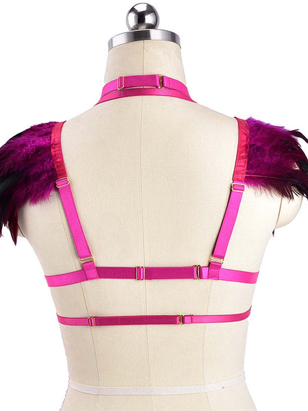 Colorful Goth Punk Harness Feather Lingerie Prom Show Bra