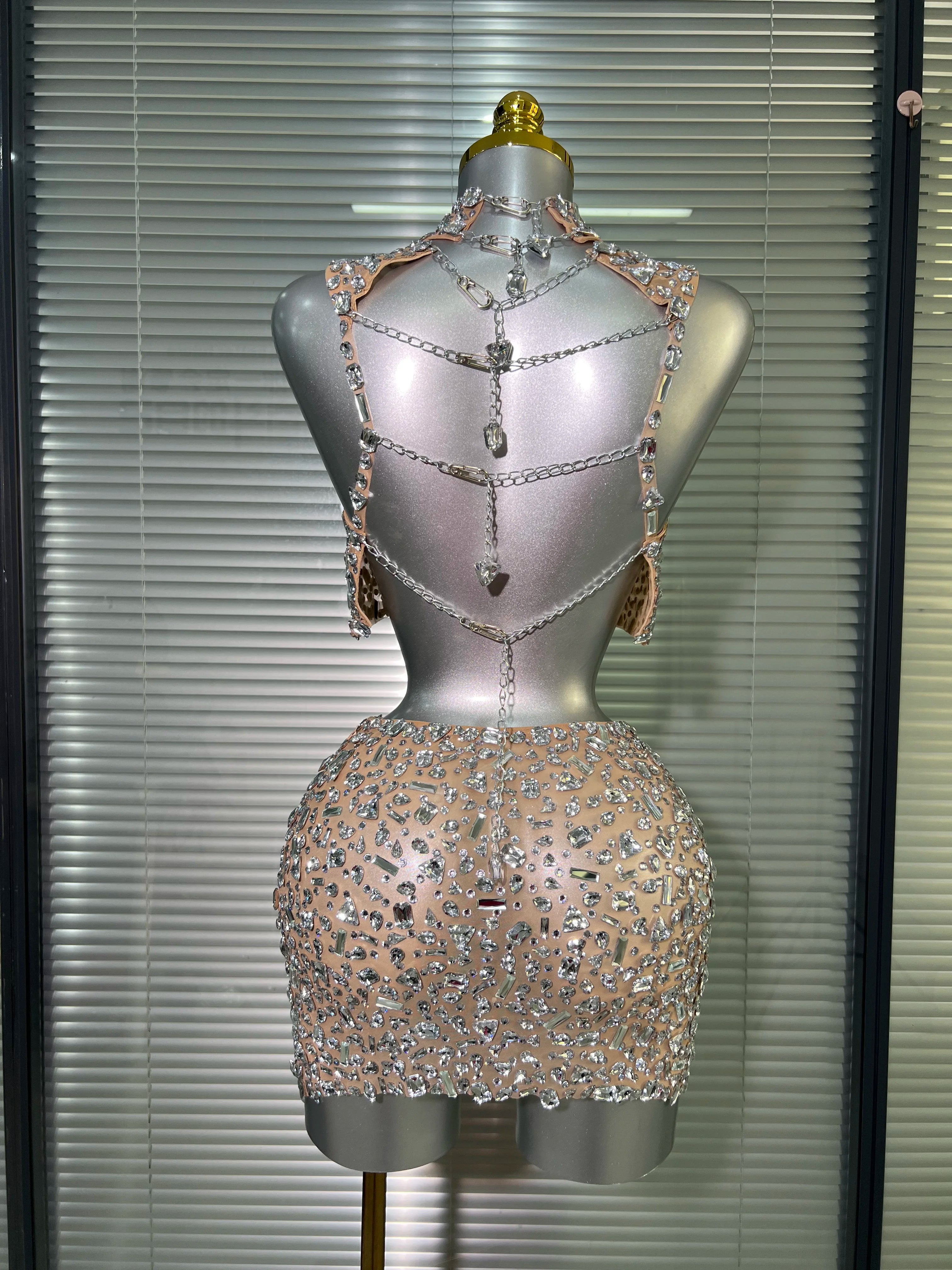 Women Sexy Two Pieces Set Women Skin Crystal Diamond Night Club Skirt Suits Singer Dancer See Through Stage Performance Costume