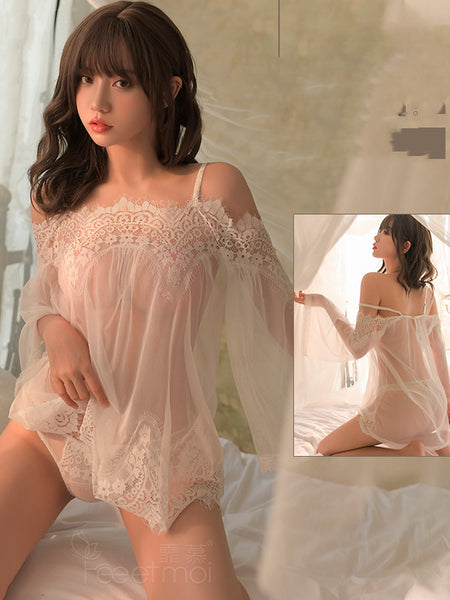 White Eyelashes Lace Stitching Mesh Nightwear Lingerie