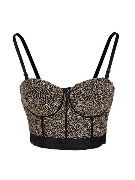 Strap Adjustable Beaded Crop Rhinestone Bra