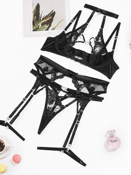 Love Drill Buckle Sexy Cutout Embroidered Sexy Lingerie Suit