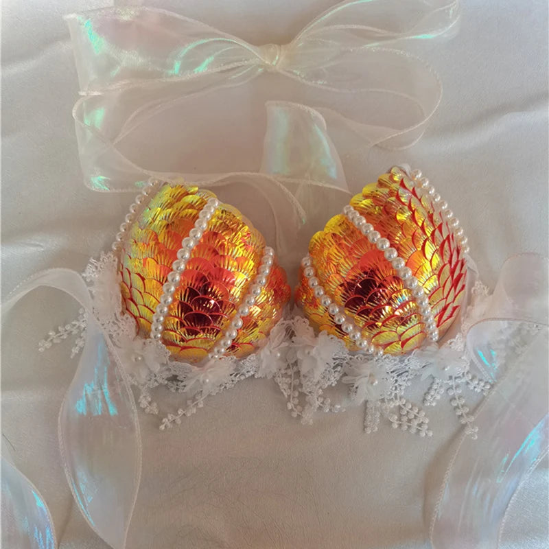 Mermaid Sequins Seashell Bikini Top Bra Oceanarium Bar Table Performance Clothes Electric Festival Fishtail Leather