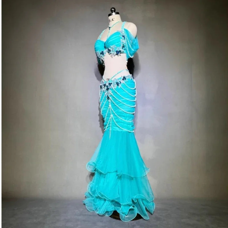 BellyDance Set Women's Customized Luxury Rhinestone Bra+Exquisite Pearl Fishtail Skirt 2pcs Oriental Dance Performance Clothing