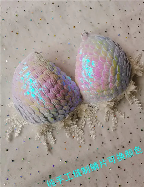 Handmade Mermaid Sequins Seashell Bikini Top Bra Oceanarium Bar Table Performance Costume Fishtail Leather