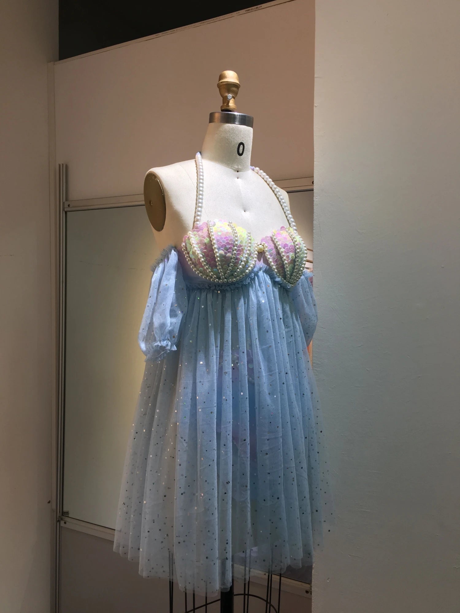 Mermaid Sequins Mesh Gradient Pearls Shells Bubble Sleeve Split Swimsuit Women Belly Covering Gauze Skirt Beauty Swimsuit