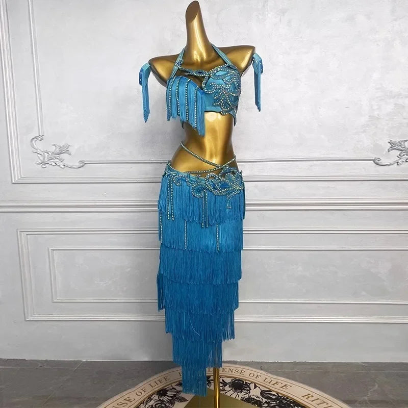 Customized Belly Dance Suit for Women Practice Outfit Oriental Dance Costume Lake Blue Tassels Bra Skirt Latin Performance Dress