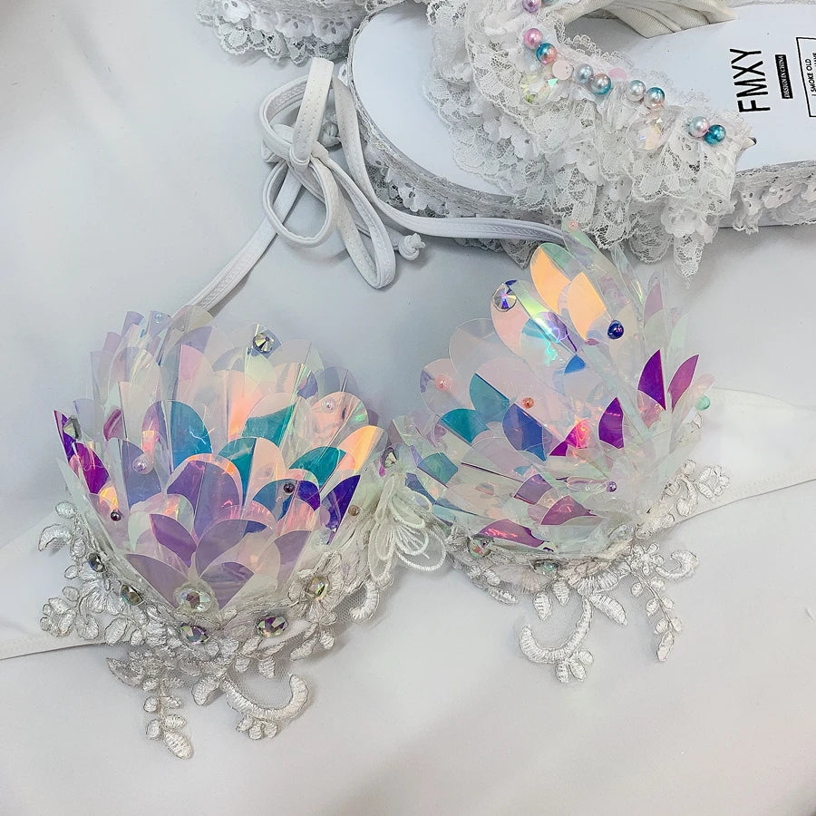 Handmade Rhinestone Tassel Pendant Aquarium Performance Bra Diving Mermaid Swimsuit Mermaid Sequin Corset