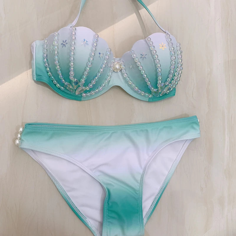 New Korean Ins Sexy Swimming Mermaid Corset Sequin Pearl Bra Panties Beach Bikini Oceanarium Mermaid Show Corset