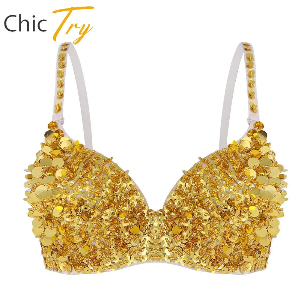 Sexy Womens Belly Dance Bustier Bra Carnival Pole Dancing Costume Rave Party Clubwear Glittery Sequins Beading Padded Bra Top