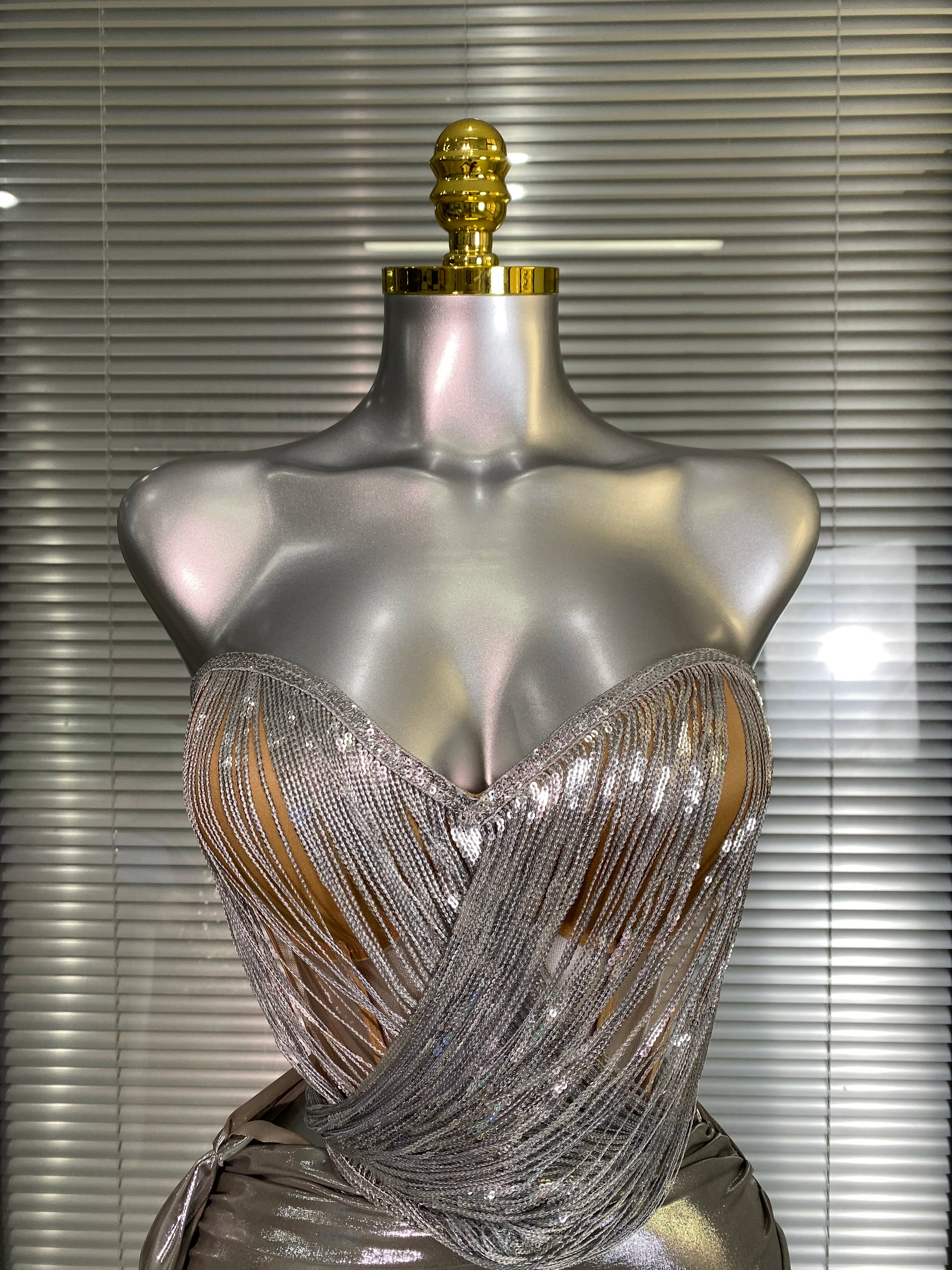 New Sexy Two Pieces Set Women Celebrity Silver Night Club Skirt Suits Laced Singer Dancer Night Club Stage Performance Costume