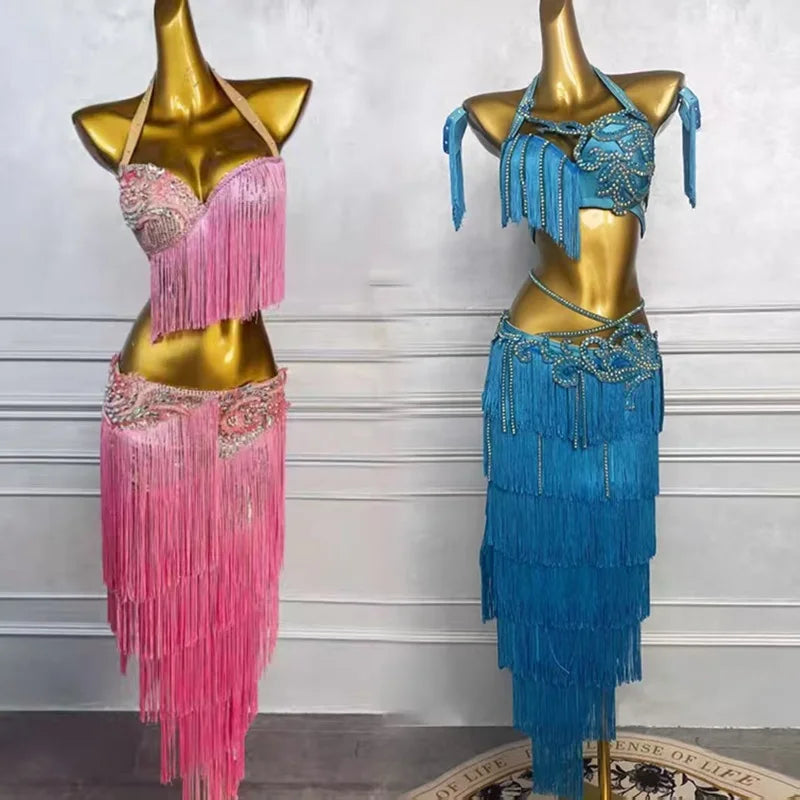 Customized Belly Dance Suit for Women Practice Outfit Oriental Dance Costume Lake Blue Tassels Bra Skirt Latin Performance Dress