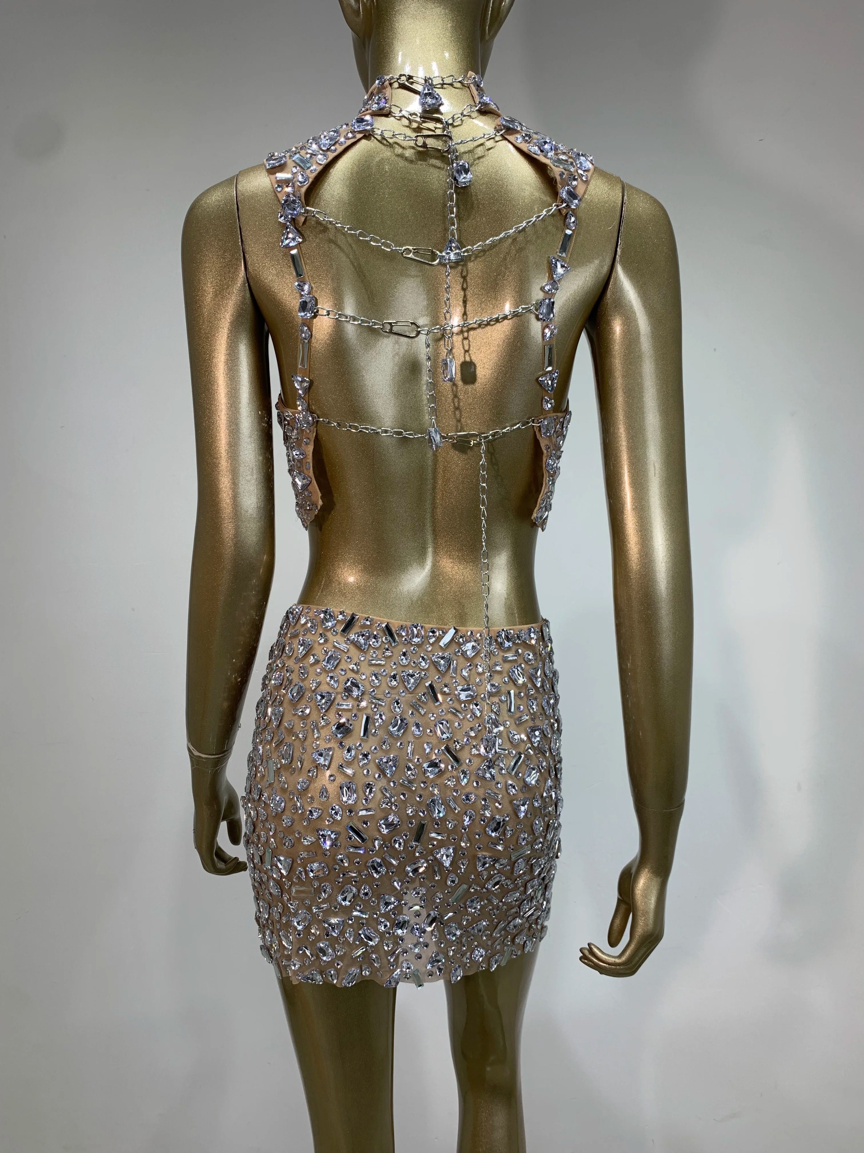 Women Sexy Two Pieces Set Sparkly Crystal Diamond Nightclub Skirt Suits Singer Dancer Mesh See Through Stage Performance Costume