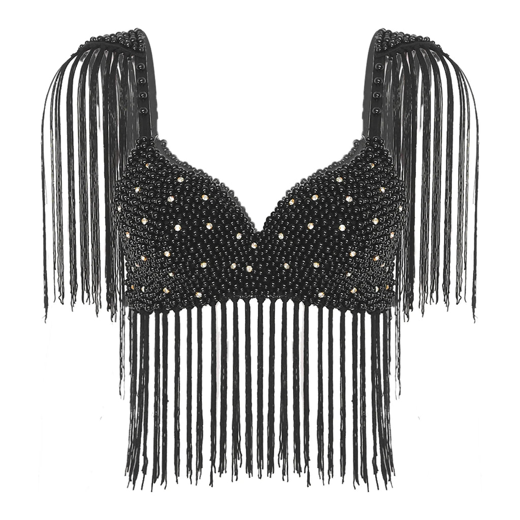 Womens Belly Dance Fringe Bra Allover Plastic Beads Tassel Trim Push-up Bra Top with Shoulder Boards Latin Dance Costume Party
