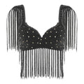 Womens Belly Dance Fringe Bra Allover Plastic Beads Tassel Trim Push-up Bra Top with Shoulder Boards Latin Dance Costume Party