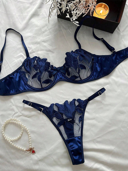 Lace Embroidery Mesh See-through Sexy Lingerie Set