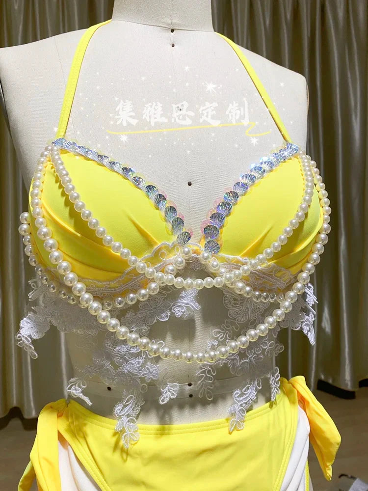 Original Design Handwork Lace Splicing Sequins Pearl Chain Mermaid Bra Beach Bikini Set Diving Photography Seaside Swimsuit