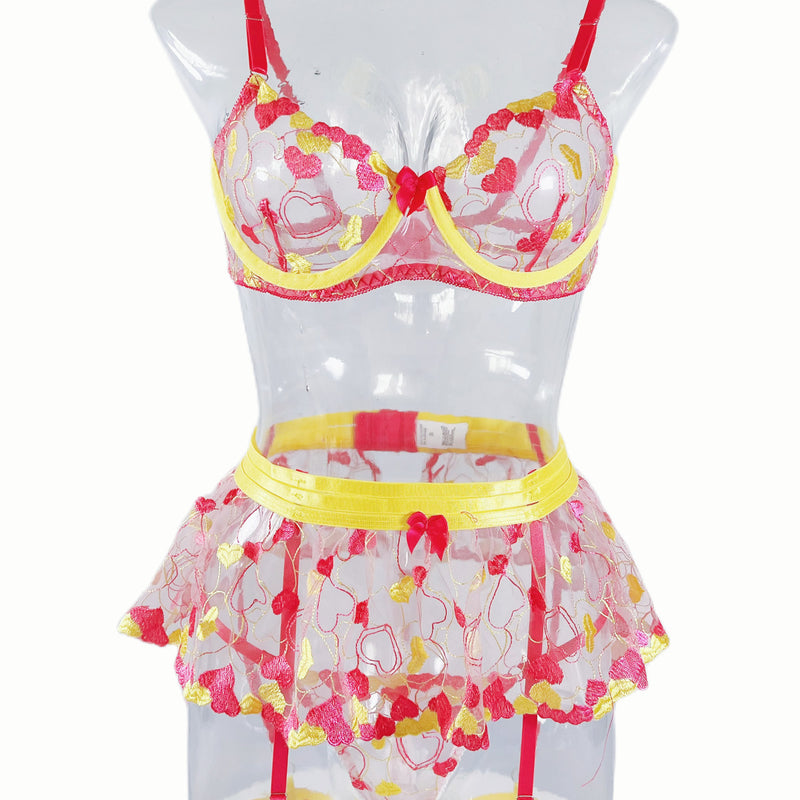 Ruffled Love Embroidered Mesh See-through Sexy Lingerie