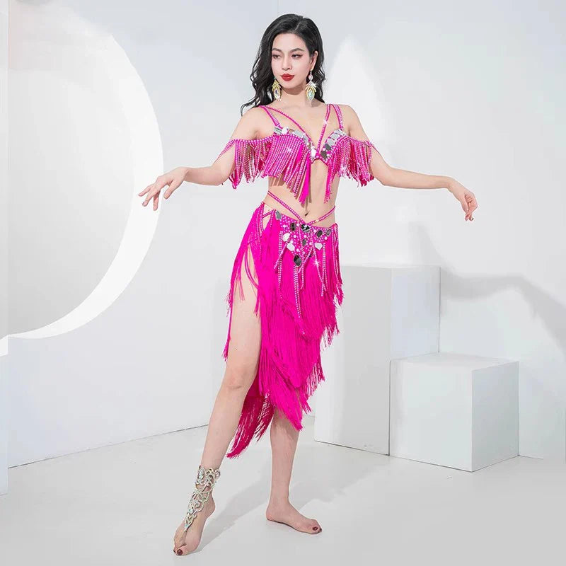 Sexy Women Drum Solo Dance Opening Dance Costume Competition Belly Dance Oriental Beaded Bra Fringes Hip Skirt 2pcs Outfit