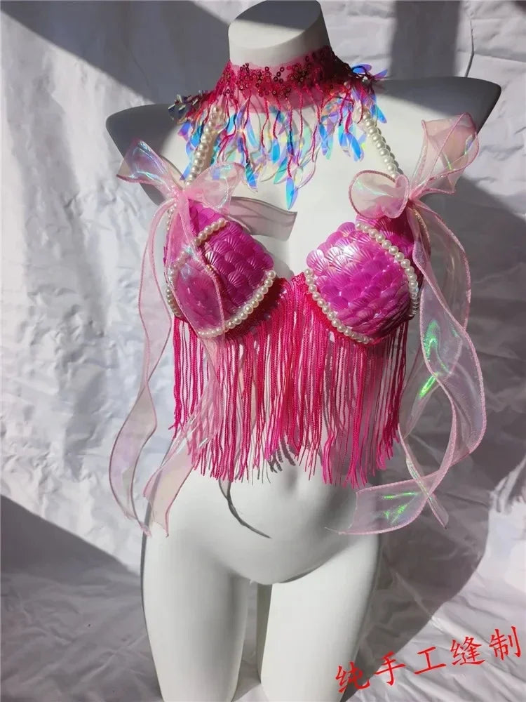Women Bikini Top Bra Mermaid Sequin Shell Aquarium Bar Lolita Show Outfit Fishtail Leather Halloween Cosplay Costumes