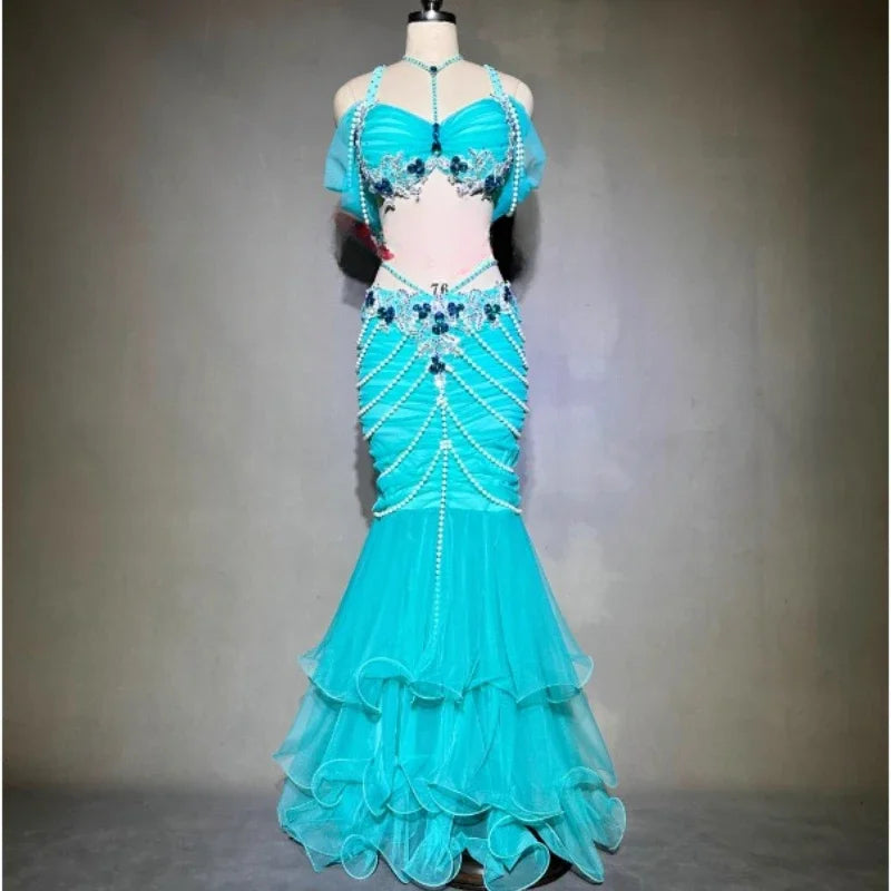 BellyDance Set Women's Customized Luxury Rhinestone Bra+Exquisite Pearl Fishtail Skirt 2pcs Oriental Dance Performance Clothing