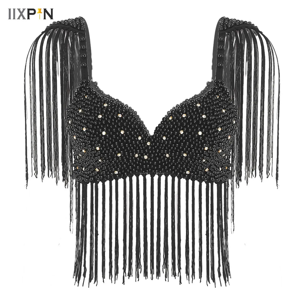 Womens Belly Dance Fringe Bra Allover Plastic Beads Tassel Trim Push-up Bra Top with Shoulder Boards Latin Dance Costume Party