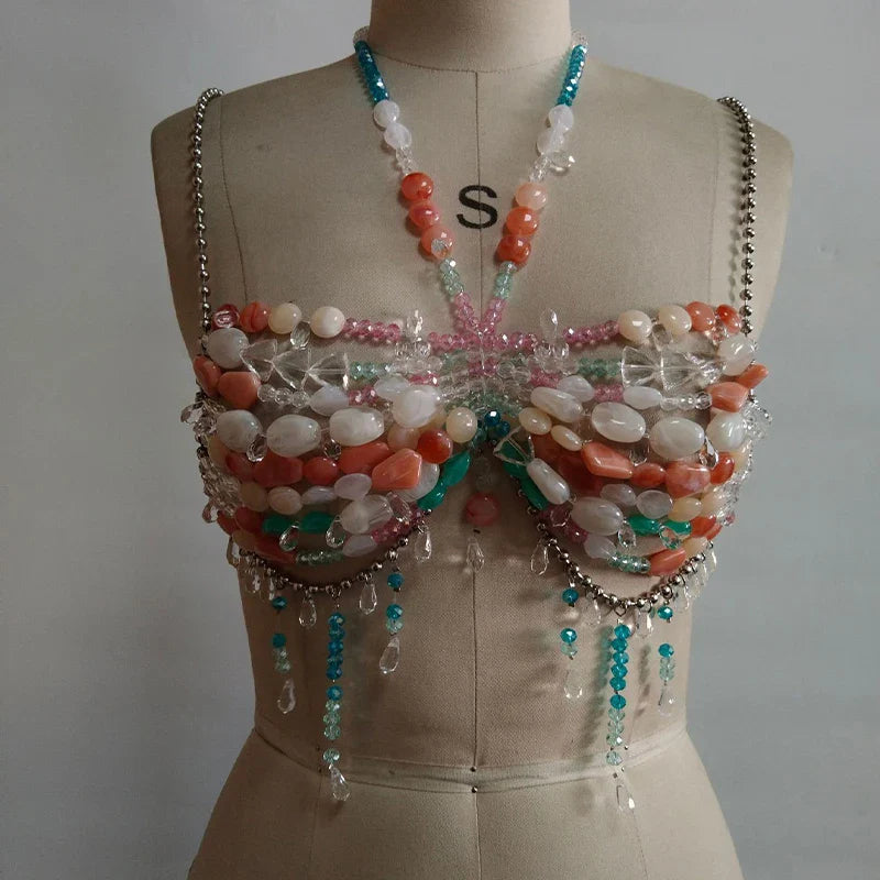 2025 Handmade Summer Female Gemstone Multicoloured Halterneck Bra Top Body Chain Bralette Sexy Crystal Beaded Bikini