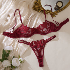 Lace Embroidery Mesh See-through Sexy Lingerie Set