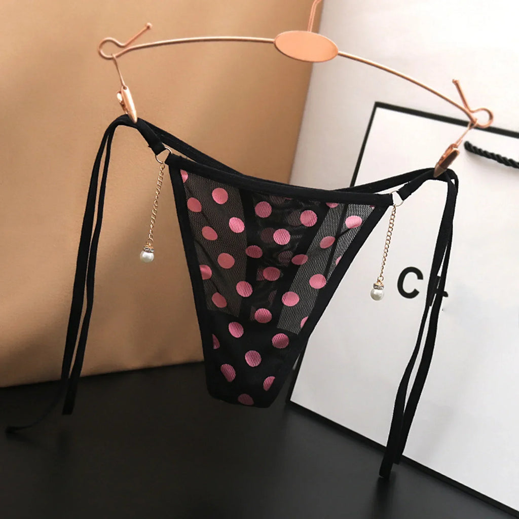 2025 New Sexy Polka Dot Trongs Lace-Up G String Women Low Waist T Pants Tanga Mesh Transparent T-Back Panties