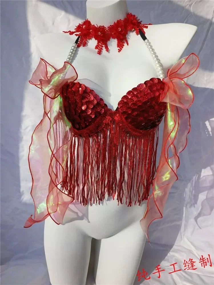 Women Bikini Top Bra Mermaid Sequin Shell Aquarium Bar Lolita Show Outfit Fishtail Leather Halloween Cosplay Costumes