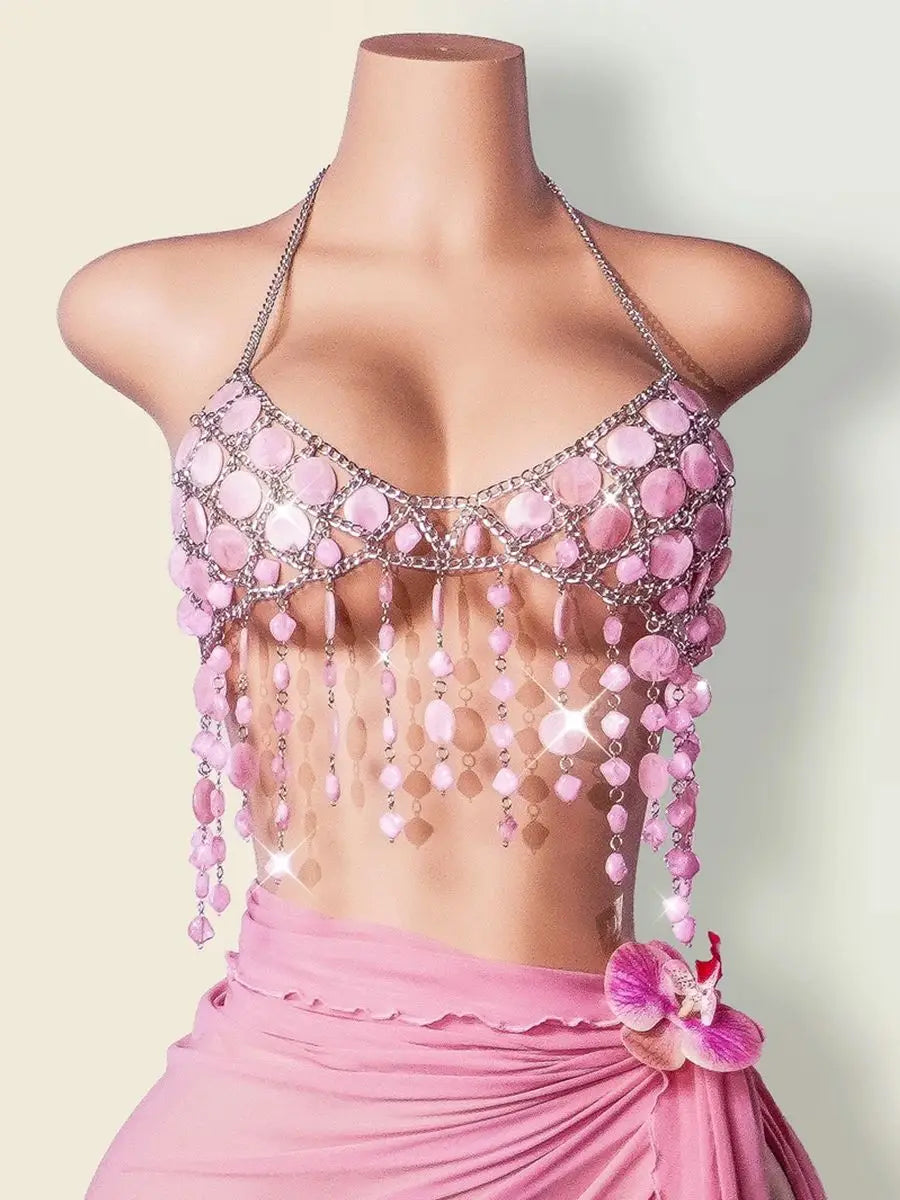 2025 Fashion Top Faux Mother of Pearl Stained Pink Goddess Mermaid Bra Beachwear Festival Body Chain Round Discs Beaded Bralette