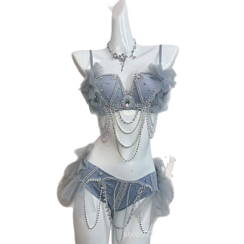 Smokey Blue Shining Chain Vacation Style Bikini Suit