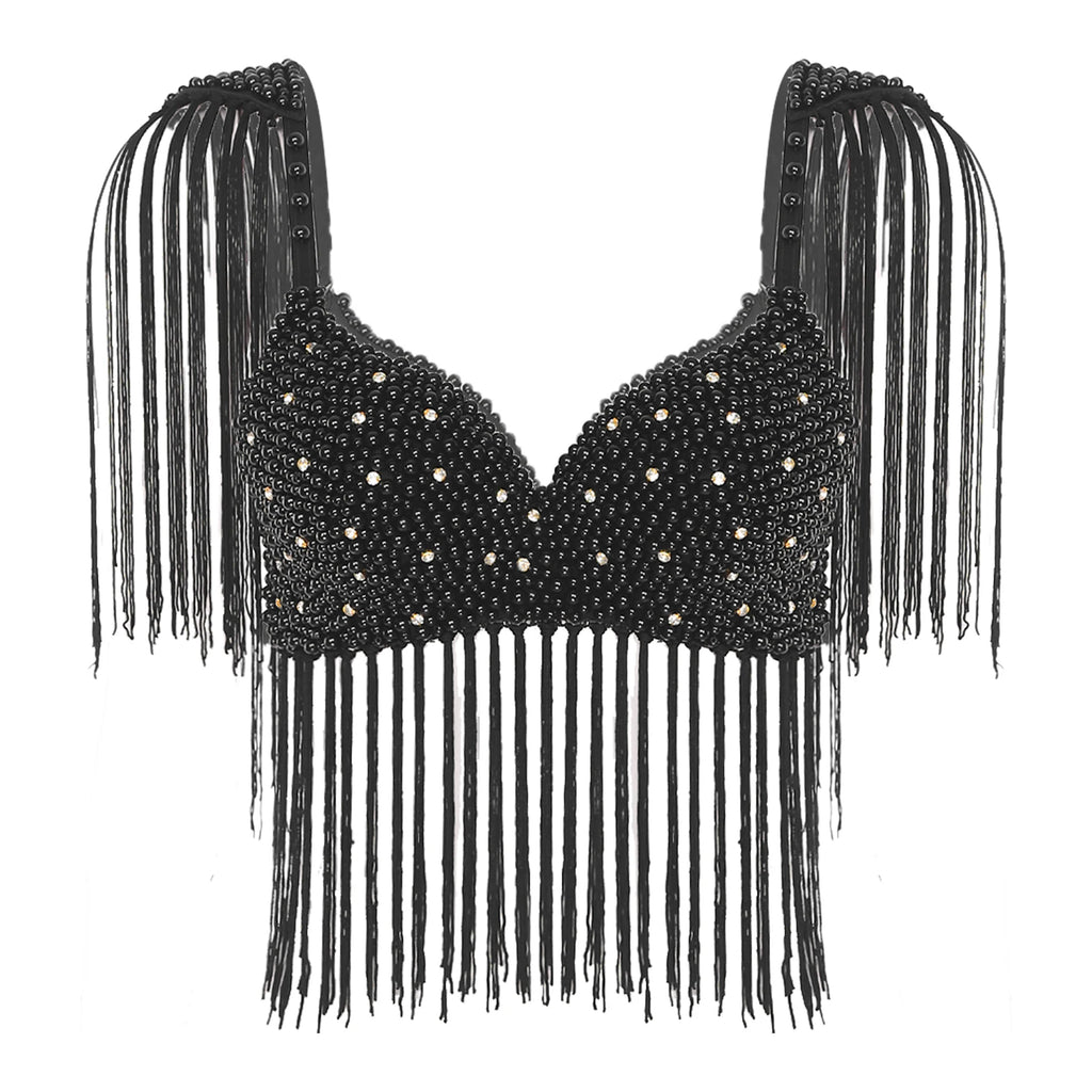 Women Belly Dance Fringe Bra Allover Plastic Beads Tassel Trim Push-up Bra Top with Shoulder Boards for Latin Indian Dance Party