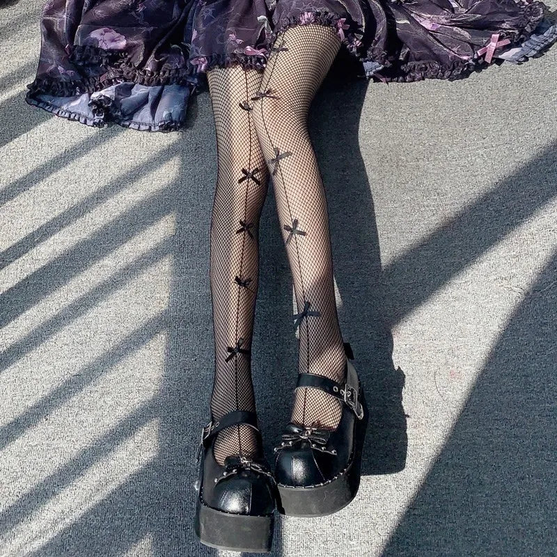 Women Sexy Mesh Fishnet Tights Stockings Pantyhose Bows Transparent Gothic Party Club White Black Women Netting Socks Lingeries