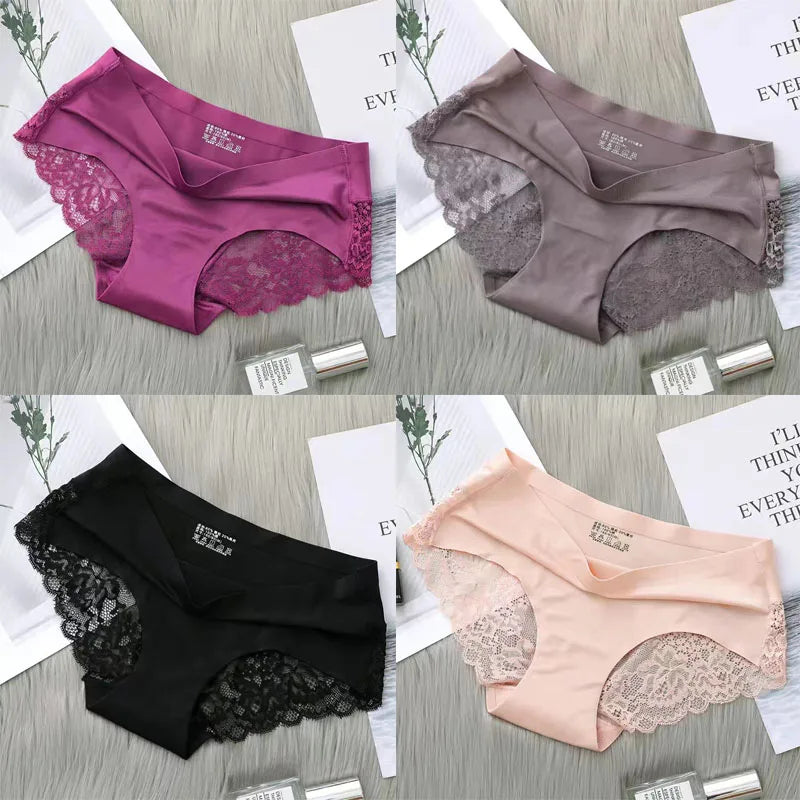 4PCS Luxury Pearl Lace Patchwork Sexy Panties One-piece Seamless Women's Briefs L - 2XL Plus Size