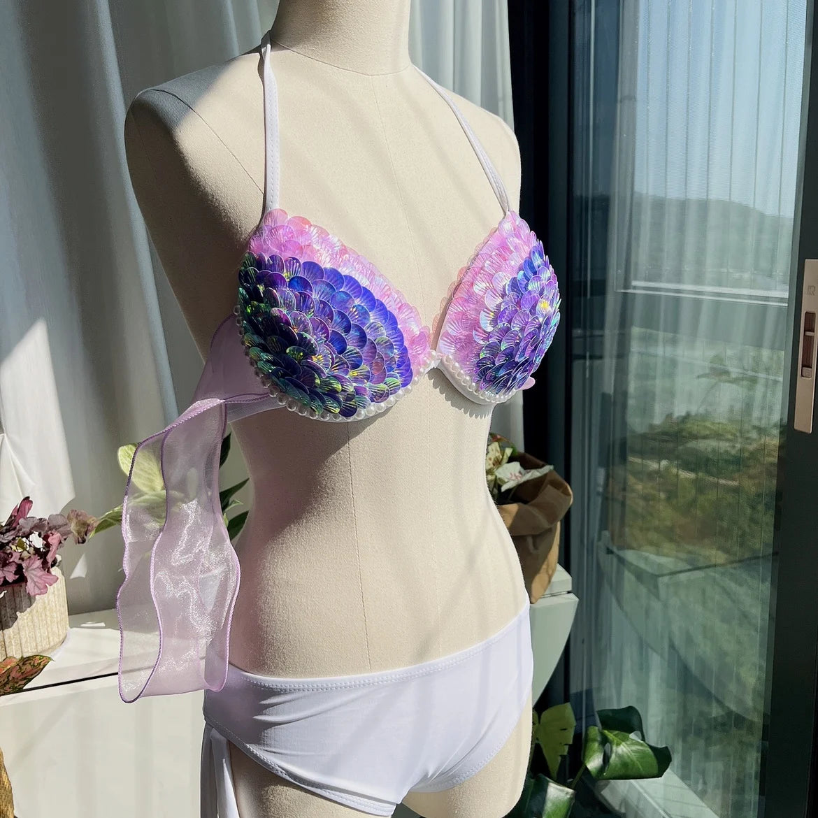 RM Original Mermaid Shell Handmade Sewing Sexy Bikini Peacock Swimsuit Oceanarium Shooting Vacation Sequin Bra