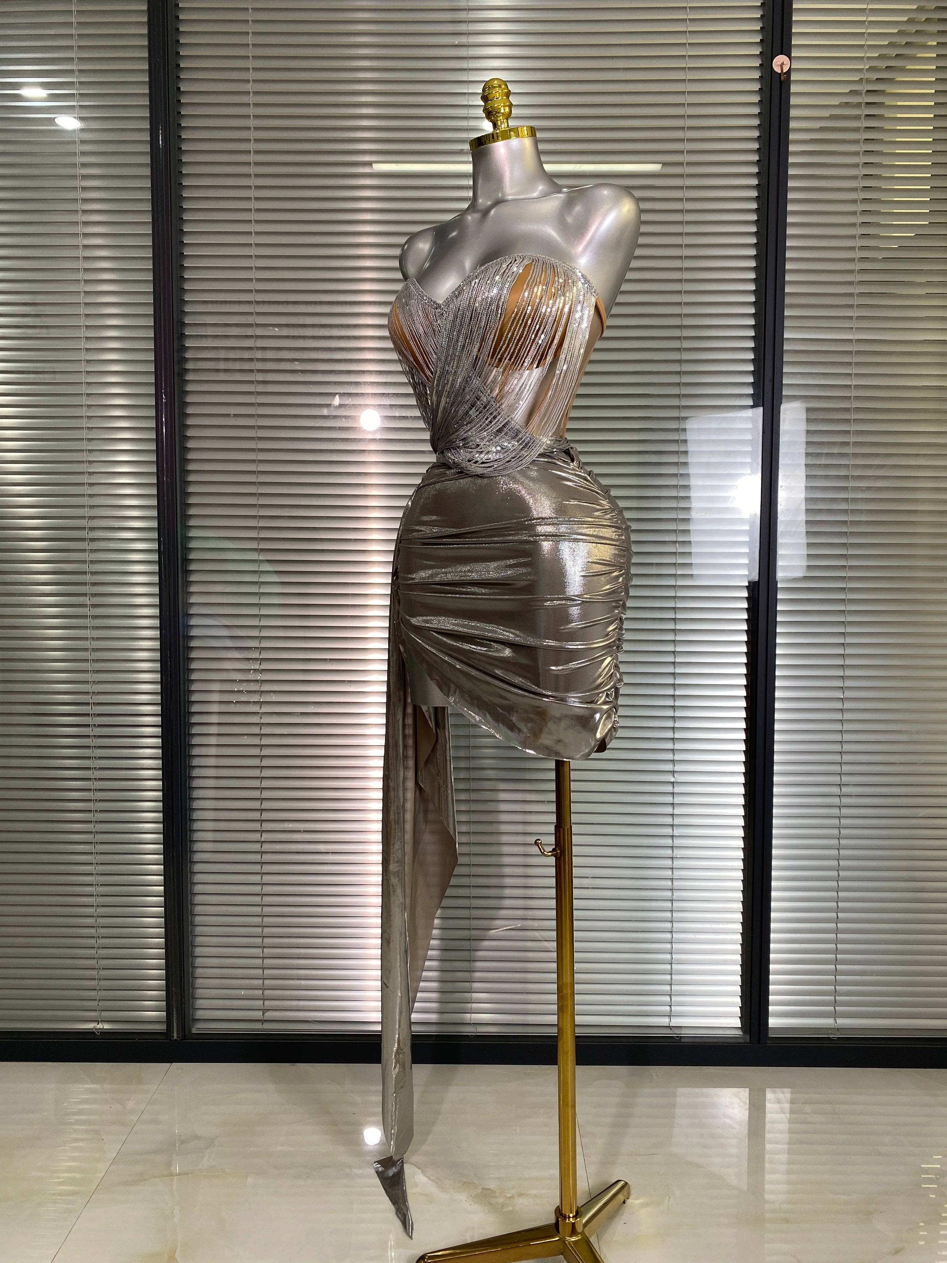 New Sexy Two Pieces Set Women Celebrity Silver Night Club Skirt Suits Laced Singer Dancer Night Club Stage Performance Costume