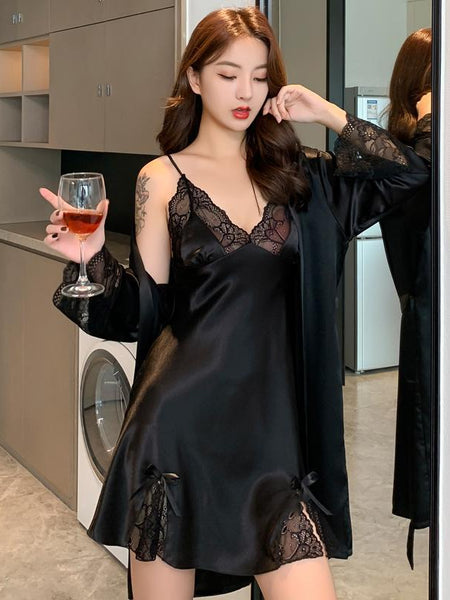 Ice Silk Thin Lace Suspender Nightdress Nightgown Two-piece Suit