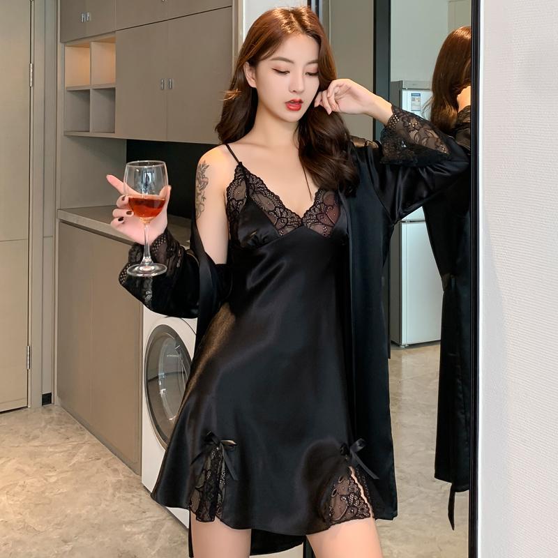 Ice Silk Thin Lace Suspender Nightdress Nightgown Two-piece Suit