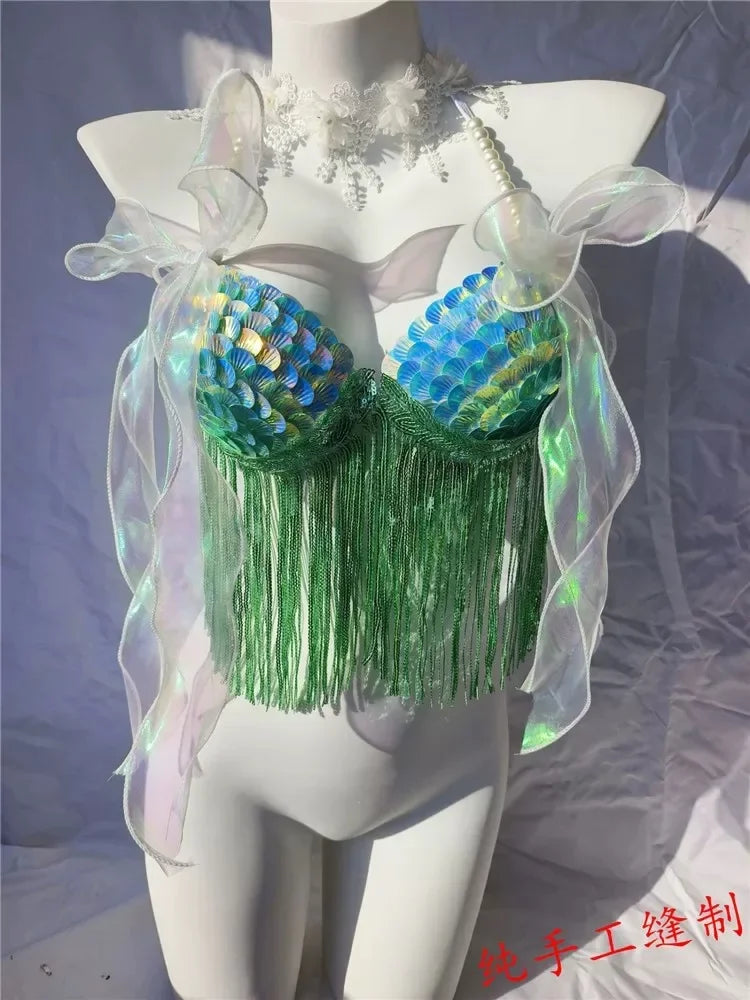 Women Bikini Top Bra Mermaid Sequin Shell Aquarium Bar Lolita Show Outfit Fishtail Leather Halloween Cosplay Costumes